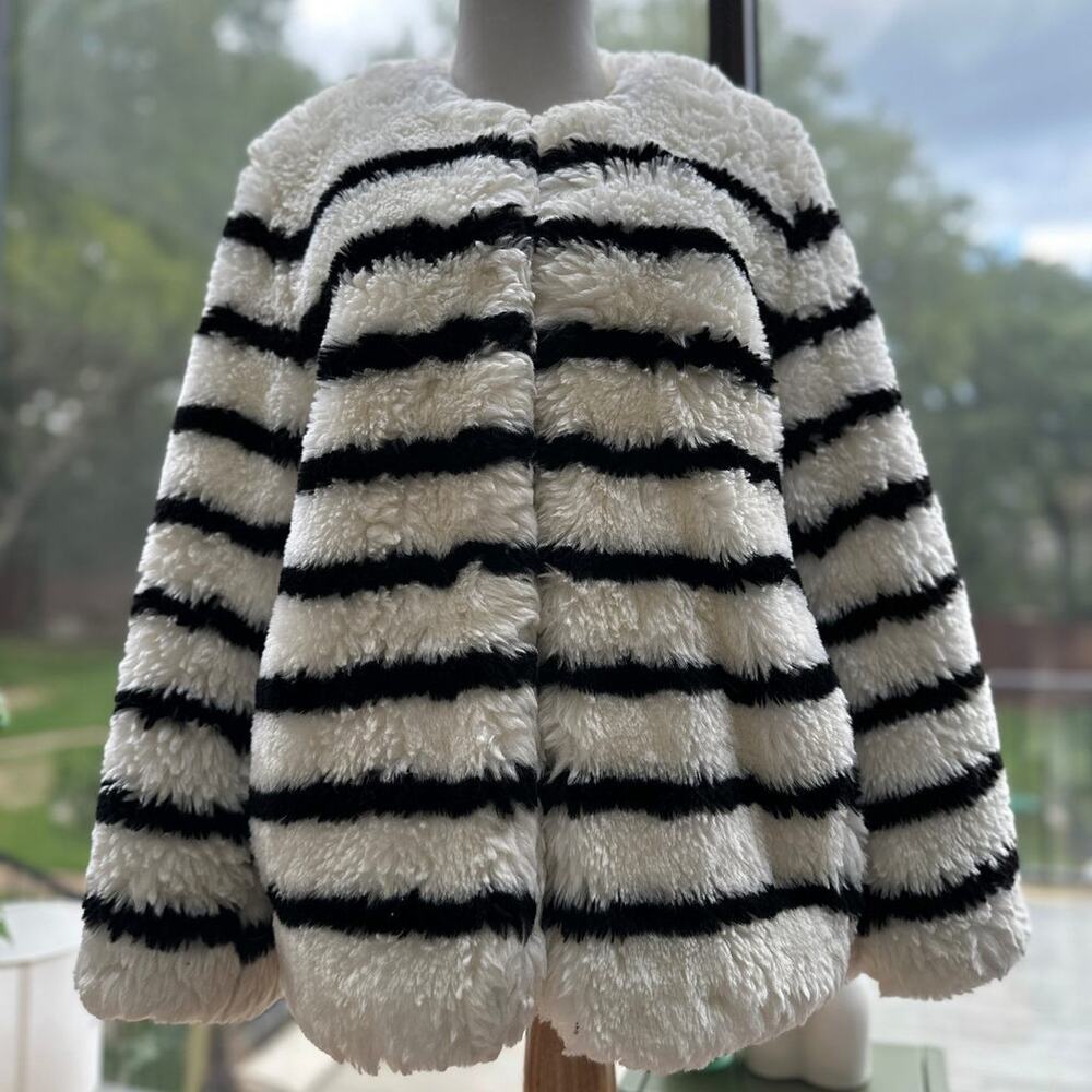 GAP Faux Fur Jacket Womens L Black White Striped Fuzzy Coat Cruella Mob Wife